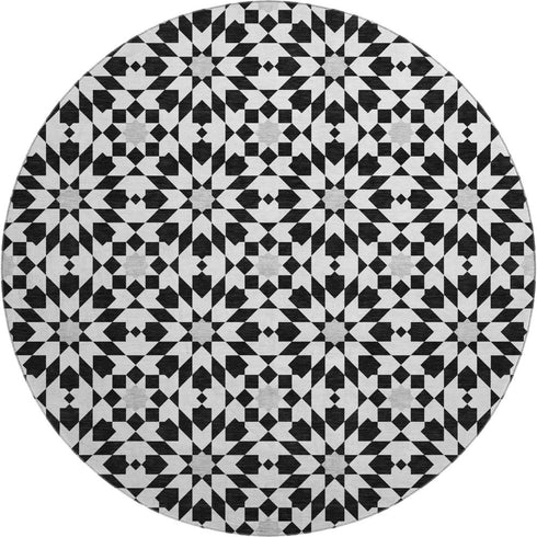 8' Black And Silver Geometric Washable Round Rug With UV Protection