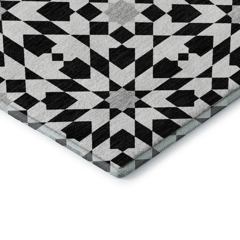 8' Black And Silver Geometric Washable Round Rug With UV Protection