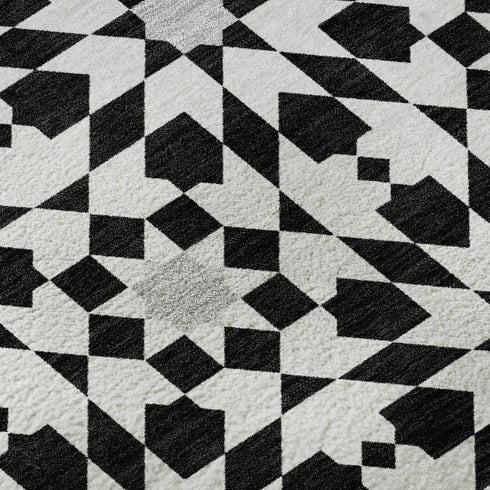 8' Black And Silver Geometric Washable Round Rug With UV Protection