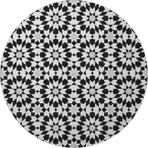 8' Black And Silver Geometric Washable Round Rug With UV Protection
