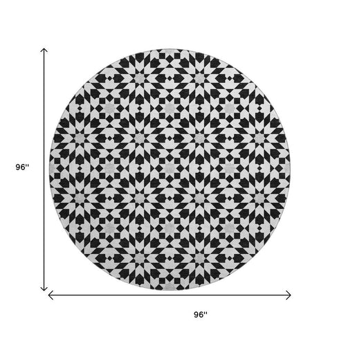 8' Black And Silver Geometric Washable Round Rug With UV Protection
