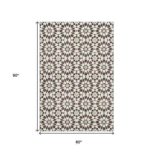 5' X 8' Brown And Ivory Geometric Washable Area Rug With UV Protection
