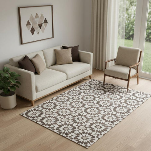 5' X 8' Brown And Ivory Geometric Washable Area Rug With UV Protection