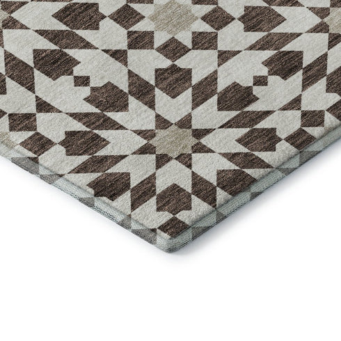 5' X 8' Brown And Ivory Geometric Washable Area Rug With UV Protection