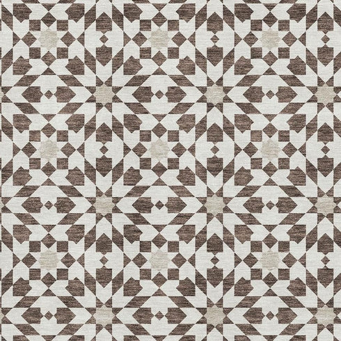 5' X 8' Brown And Ivory Geometric Washable Area Rug With UV Protection