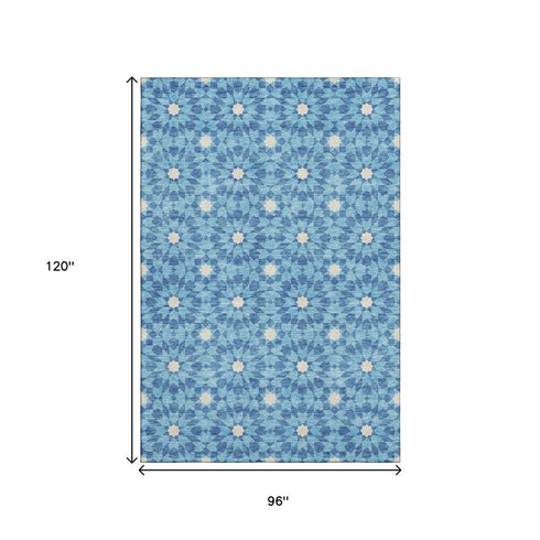 8' X 10' Denim Blue And Ivory Geometric Washable Area Rug With UV Protection