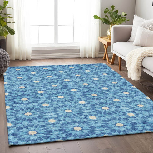 8' X 10' Denim Blue And Ivory Geometric Washable Area Rug With UV Protection