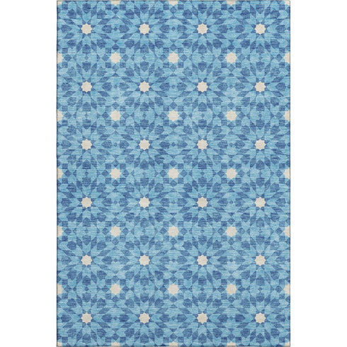 8' X 10' Denim Blue And Ivory Geometric Washable Area Rug With UV Protection
