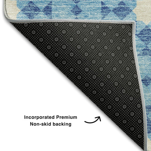 8' X 10' Denim Blue And Ivory Geometric Washable Area Rug With UV Protection