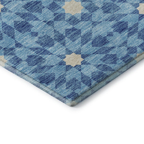 8' X 10' Denim Blue And Ivory Geometric Washable Area Rug With UV Protection