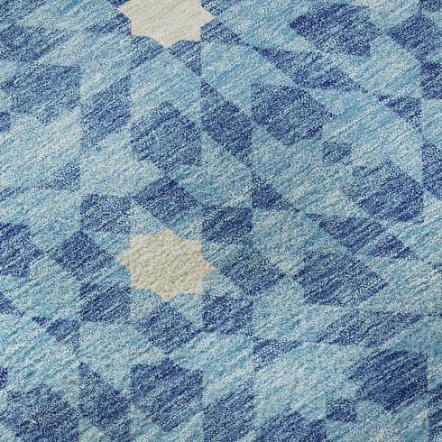 8' X 10' Denim Blue And Ivory Geometric Washable Area Rug With UV Protection