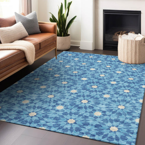 8' X 10' Denim Blue And Ivory Geometric Washable Area Rug With UV Protection