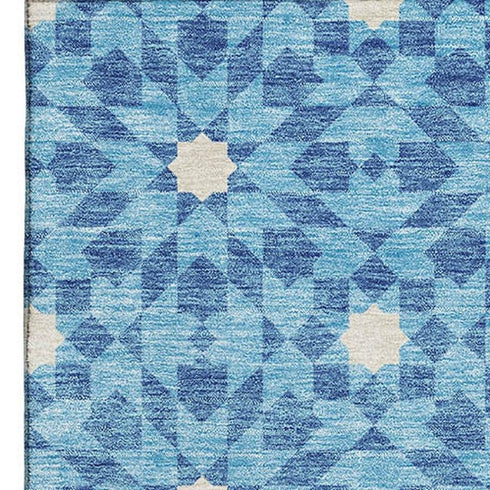 8' X 10' Denim Blue And Ivory Geometric Washable Area Rug With UV Protection