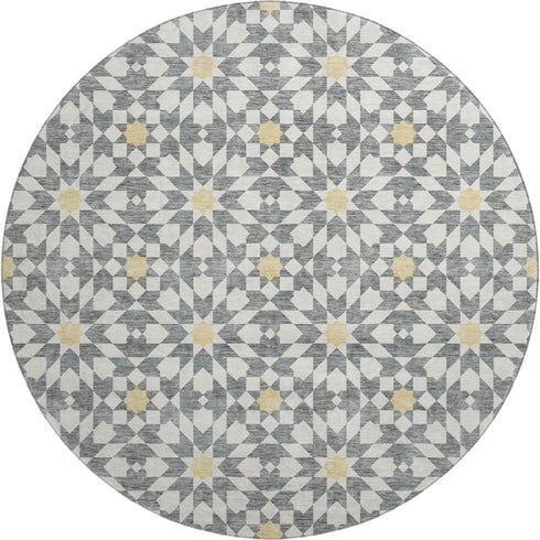 8' Gray Ivory And Gold Geometric Washable Round Rug With UV Protection