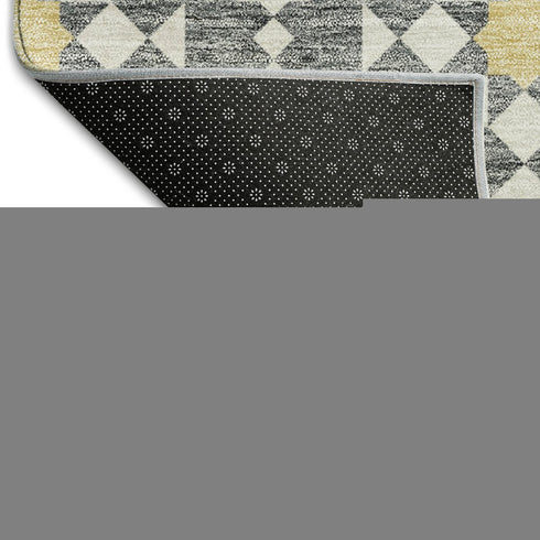 8' Gray Ivory And Gold Geometric Washable Round Rug With UV Protection