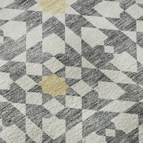 8' Gray Ivory And Gold Geometric Washable Round Rug With UV Protection