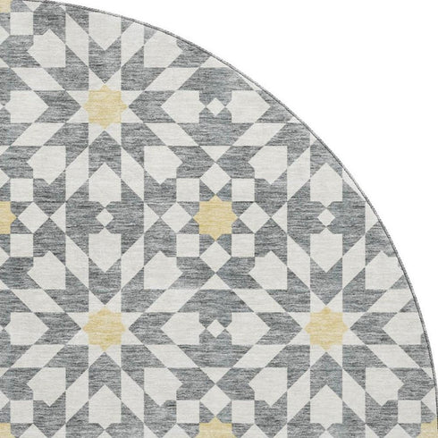 8' Gray Ivory And Gold Geometric Washable Round Rug With UV Protection