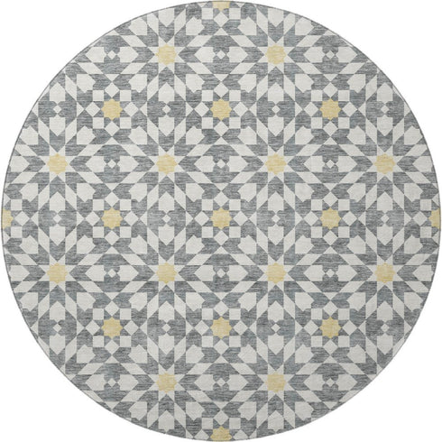 8' Gray Ivory And Gold Geometric Washable Round Rug With UV Protection