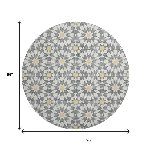 8' Gray Ivory And Gold Geometric Washable Round Rug With UV Protection
