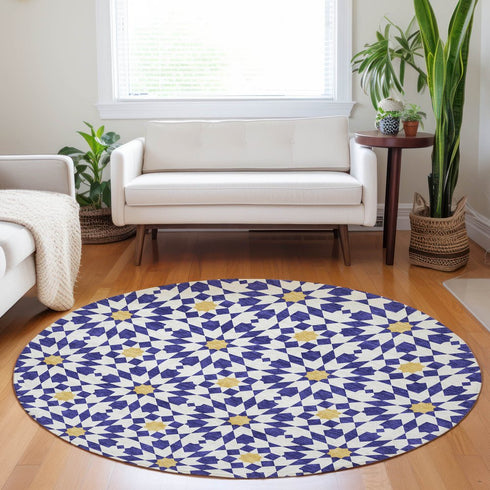8' Navy Blue Ivory And Gold Geometric Washable Round Rug With UV Protection