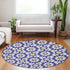 8' Navy Blue Ivory And Gold Geometric Washable Round Rug With UV Protection