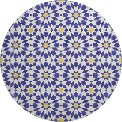8' Navy Blue Ivory And Gold Geometric Washable Round Rug With UV Protection