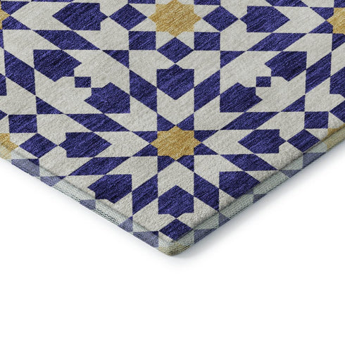 8' Navy Blue Ivory And Gold Geometric Washable Round Rug With UV Protection