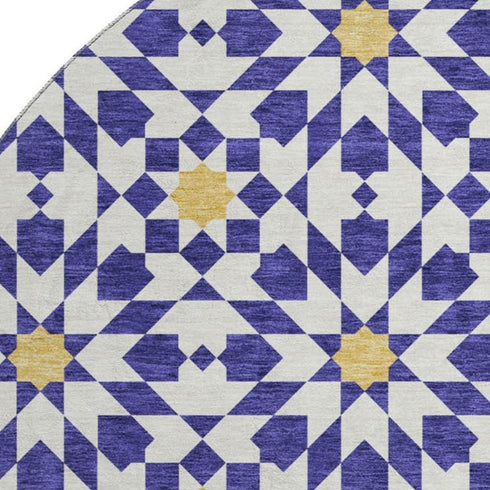 8' Navy Blue Ivory And Gold Geometric Washable Round Rug With UV Protection