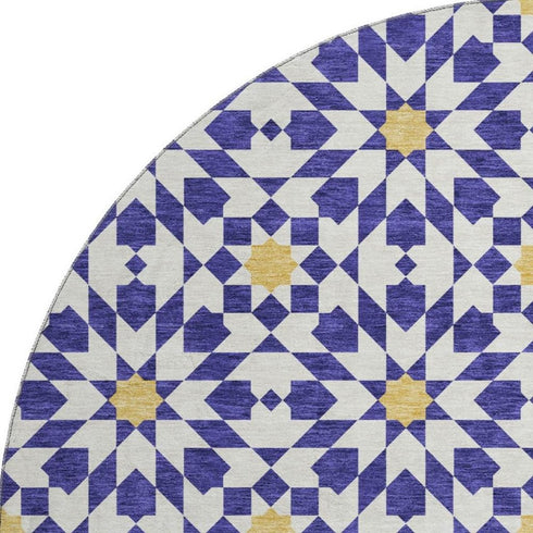 8' Navy Blue Ivory And Gold Geometric Washable Round Rug With UV Protection