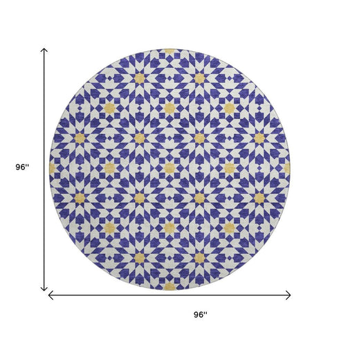 8' Navy Blue Ivory And Gold Geometric Washable Round Rug With UV Protection