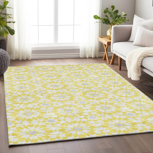 9' X 12' Yellow Ivory And Gray Geometric Washable Area Rug With UV Protection