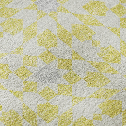 9' X 12' Yellow Ivory And Gray Geometric Washable Area Rug With UV Protection