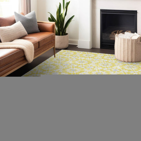 9' X 12' Yellow Ivory And Gray Geometric Washable Area Rug With UV Protection
