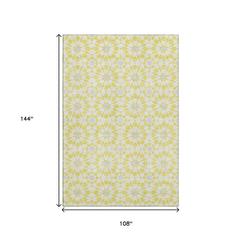 9' X 12' Yellow Ivory And Gray Geometric Washable Area Rug With UV Protection