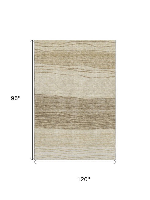 8' X 10' Beige And Brown Striped Washable Area Rug With UV Protection