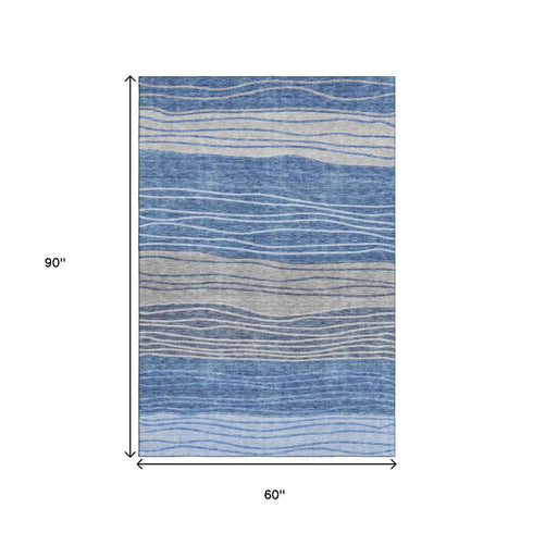 5' X 8' Blue And Gray Striped Washable Area Rug With UV Protection
