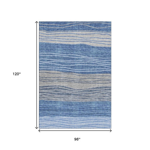 8' X 10' Blue And Gray Striped Washable Area Rug With UV Protection