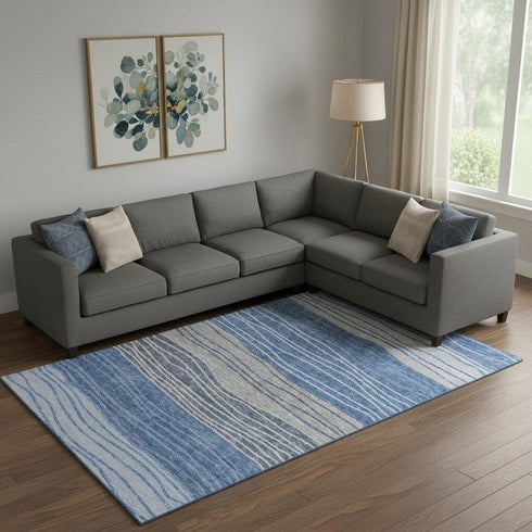 8' X 10' Blue And Gray Striped Washable Area Rug With UV Protection
