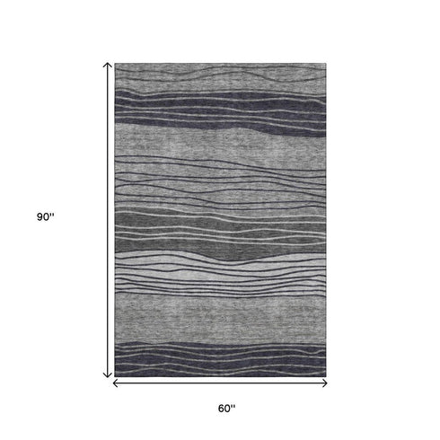 5' X 8' Gray And Silver Striped Washable Area Rug With UV Protection