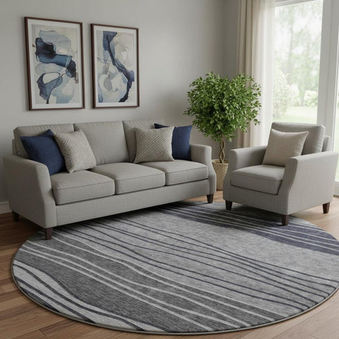 8' Gray And Silver Striped Washable Round Rug With UV Protection