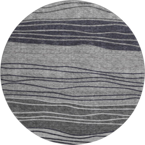 8' Gray And Silver Striped Washable Round Rug With UV Protection