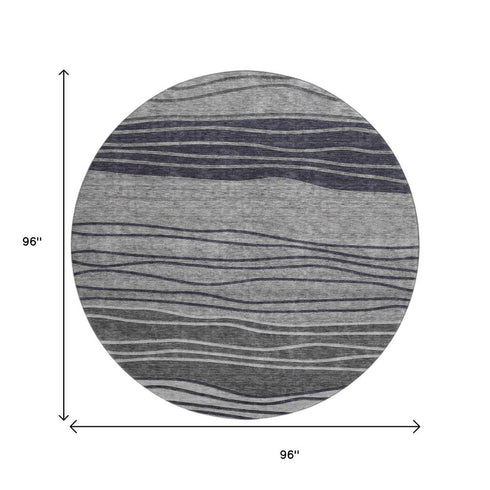 8' Gray And Silver Striped Washable Round Rug With UV Protection