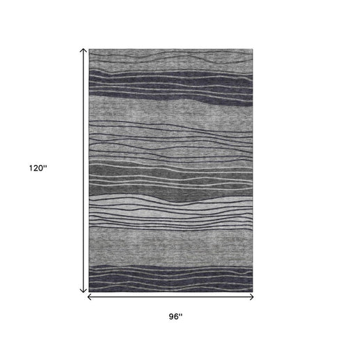 8' X 10' Gray And Silver Striped Washable Area Rug With UV Protection