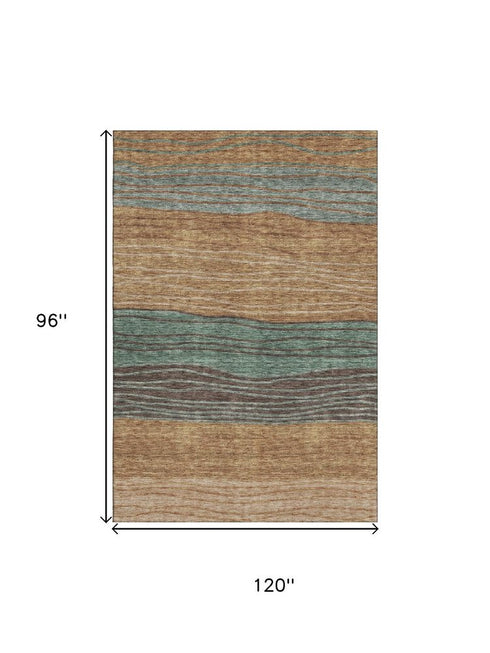 8' X 10' Terra Cotta Gray And Beige Striped Washable Area Rug With UV Protection
