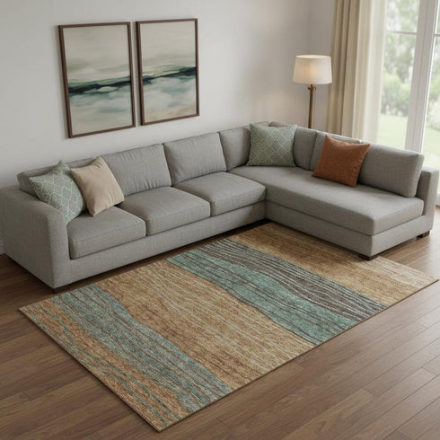 8' X 10' Terra Cotta Gray And Beige Striped Washable Area Rug With UV Protection