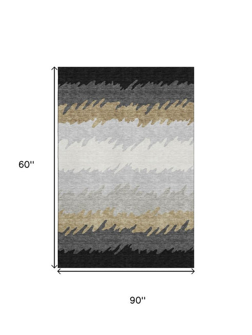 5' X 8' Black Beige And Silver Striped Washable Area Rug With UV Protection