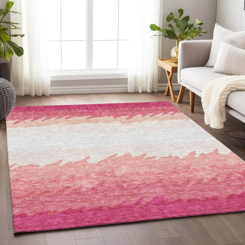 9' X 12' Blush And Ivory Striped Washable Area Rug With UV Protection