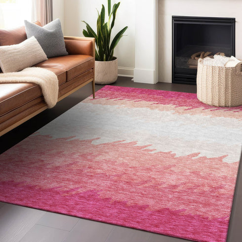 9' X 12' Blush And Ivory Striped Washable Area Rug With UV Protection