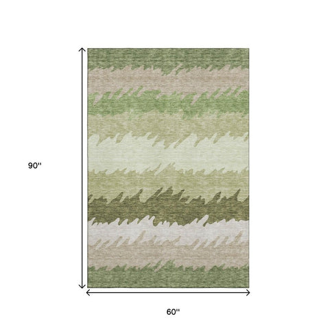 5' X 8' Green And Beige Striped Washable Area Rug With UV Protection