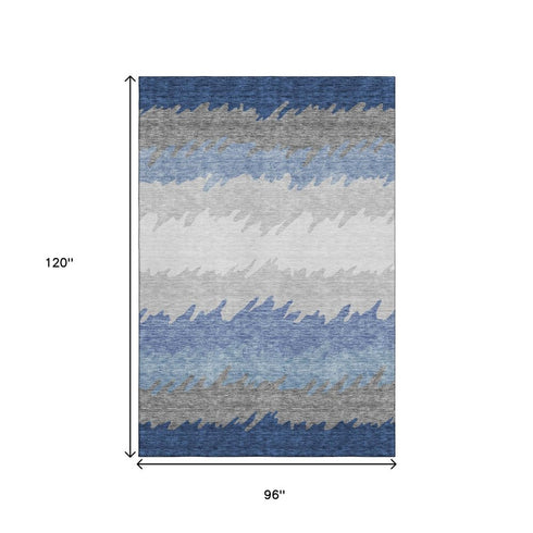8' X 10' Navy Blue Gray And Silver Striped Washable Area Rug With UV Protection